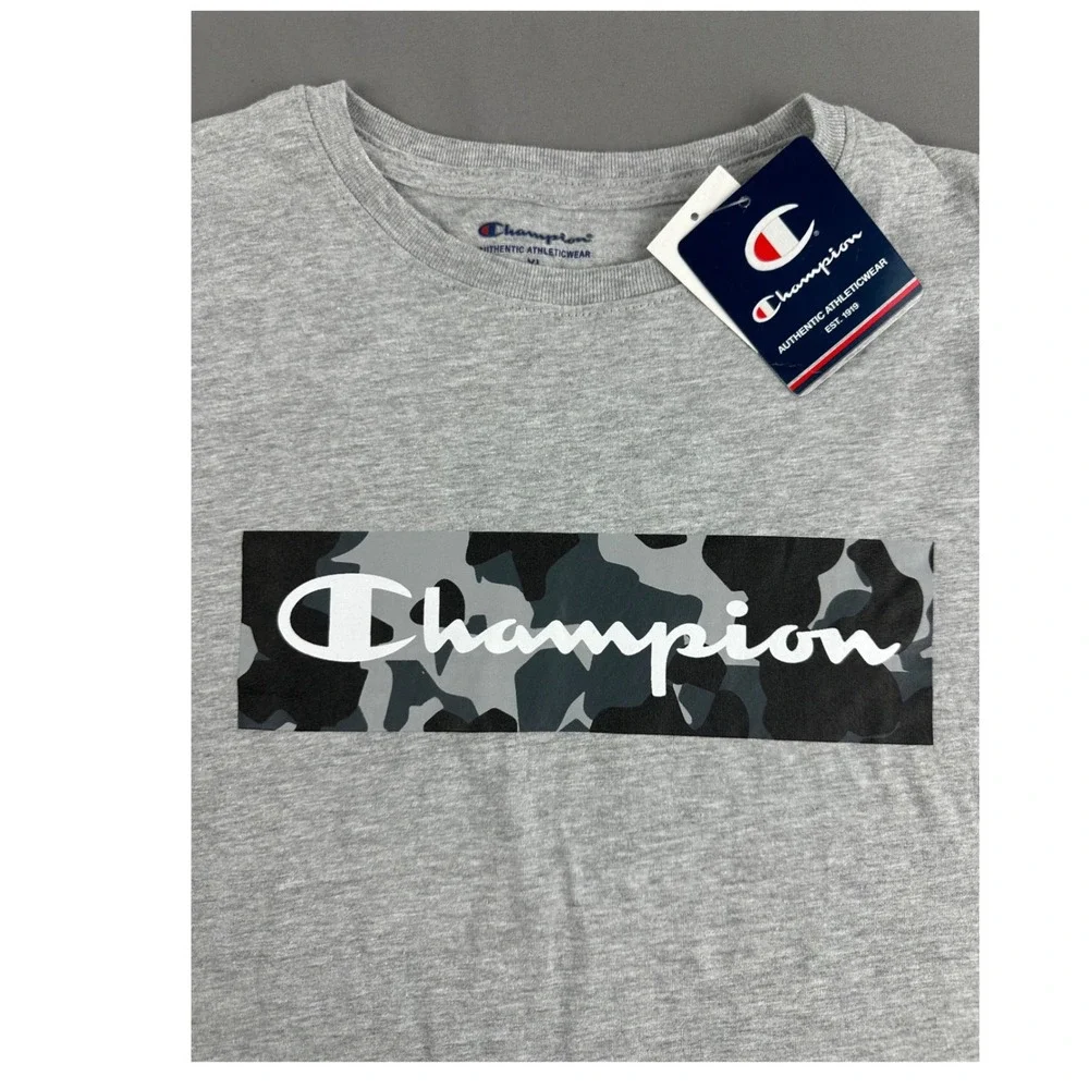 Champion T-Shirt Gray Script Logo/Camo BoysTee Athletic‎ Fit Size:XL NWT